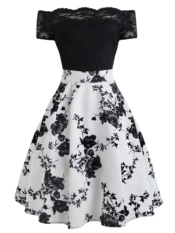 1950s Floral Off Shoulder Lace Dress Formal floral dresses