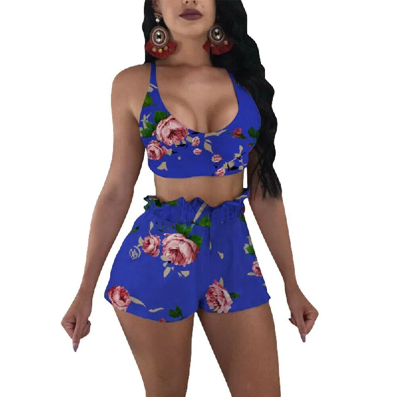 2023 Brand Summer Ladies Women Sexy 2PCS  Floral Backless  Bodycon Crop Top Shorts Set Clubwear Jumpsuit Beachwear S-XXL Preppy floral dresses