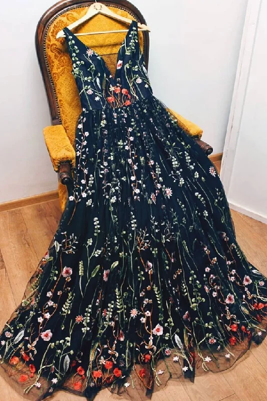 A-line V neck Black Boho Long  Formal Dresses Unique Floral Formal Evening Gowns JKG041 Flattering floral dresses for all body types