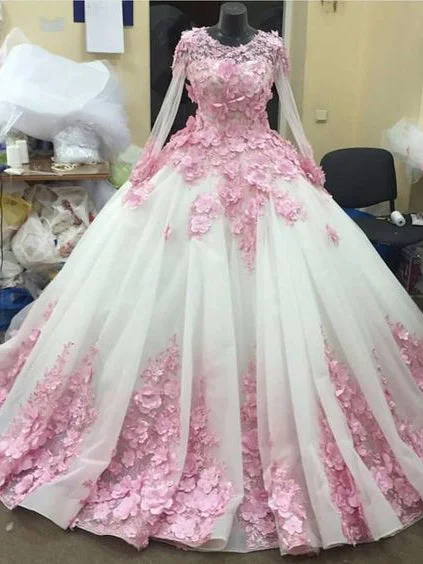 Ball Gown Prom Dresses Long Sleeve Lace Pink Floral Luxury Long Prom Dress JKL508 Elegant floral dresses