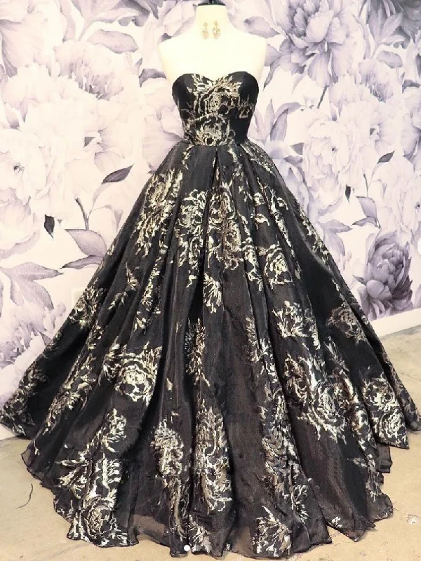 Black Prom Dresses Ball Gown Sweetheart Long Chic Floral Lace Prom Dress JKL1707 Floral dresses under $50