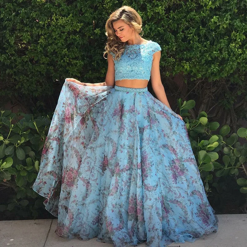 Cap Sleeves Blue Floral Lace Top Two Piece Prom Dress,JKZ7116 Must-have floral dresses for this season