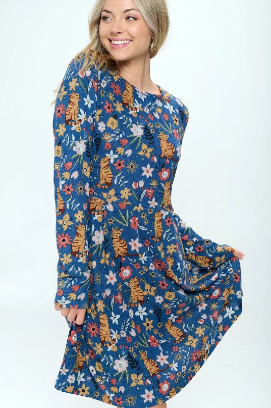 Cat and Floral Print Long Sleeve Dress Cocktail floral dresses