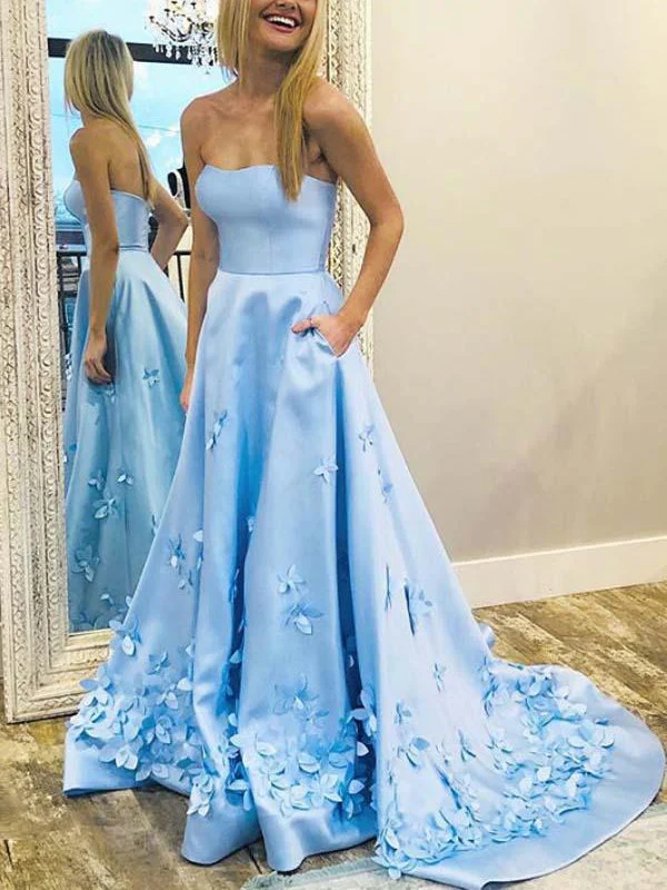 Fashion Prom Dresses Strapless A Line Long Sky Blue Prom Dress Floral Evening Dress JKL1638 Beach floral dresses