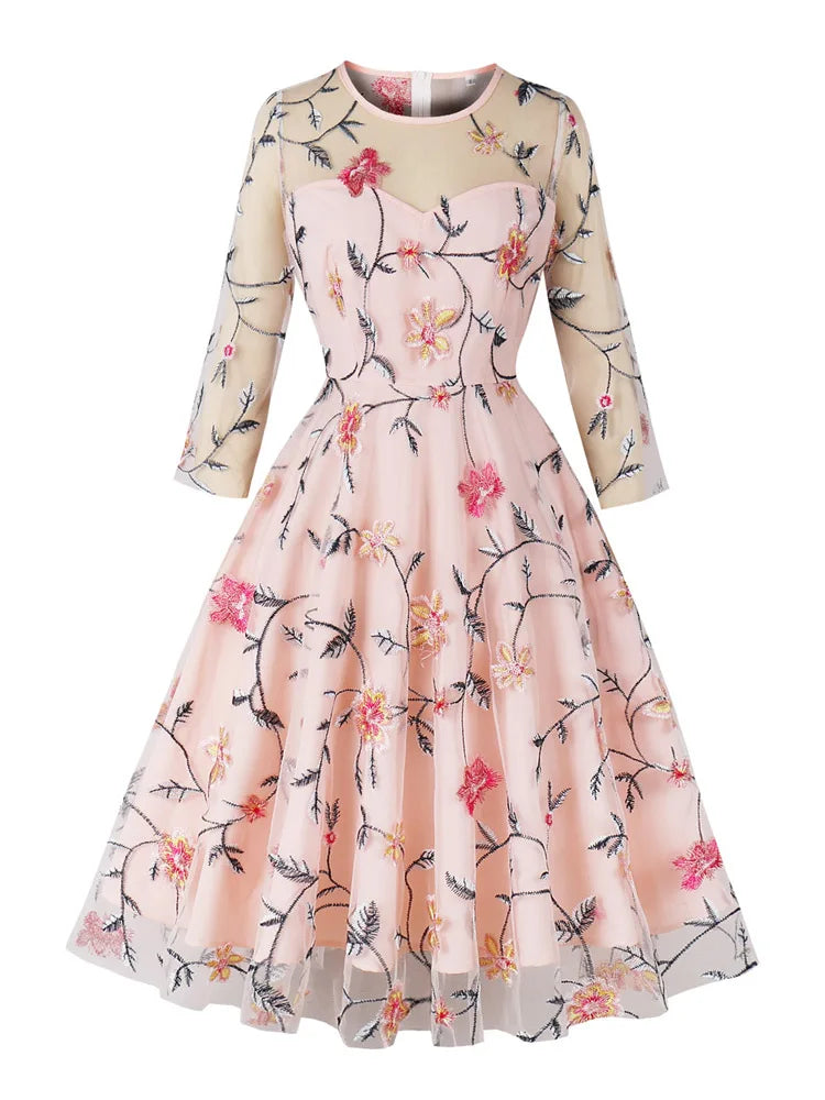 Floral Dress Women Elegant Luxury Embroidery Mesh Overlay 3/4 Length Sleeve Spring Women Party Vintage Pink Dresses H&M floral dresses