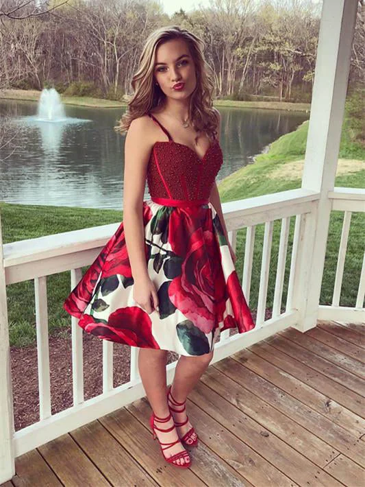 Floral Print Homecoming Dresses A Line Beading Burgundy Short Prom Dress Party Dress JK810 Smocked floral dresses