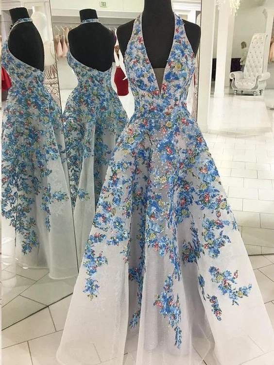 Halter Prom Dresses Aline Open Back Floor-length Appliques Long Floral Prom Dress JKL1475 Anniversary floral dresses