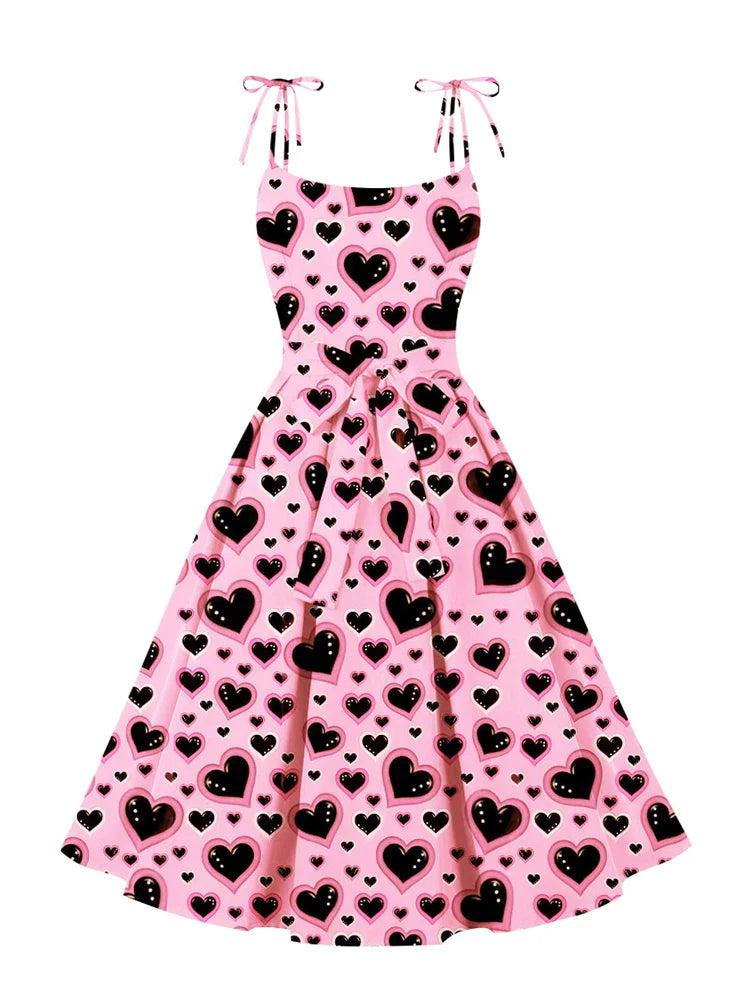 Heart Print 50s Pinup Vintage Pleated Dresses for Women Summer Vacation Knot Strap Belted Fit and Flare Dress Fashion Nova floral dresses