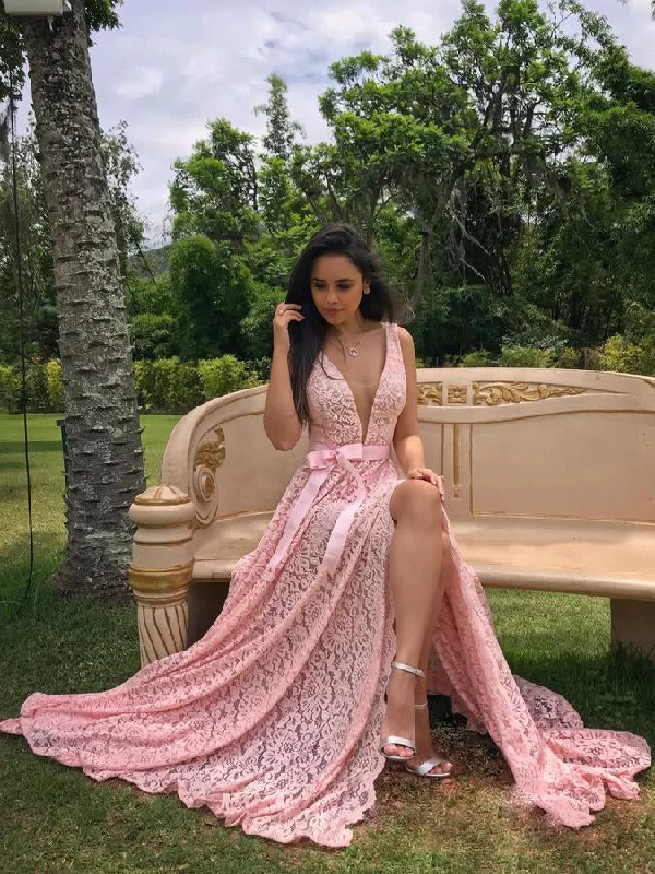 Lace Prom Dresses with Straps Aline Pink Bowknot Floral Lace Slit Prom Dress JKL1568 Best floral dresses for outdoor weddings