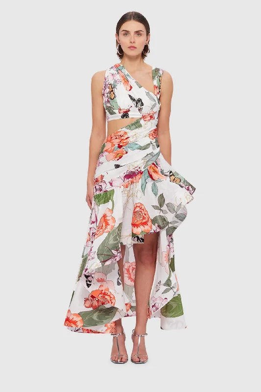 Leo Lin Tyler Asymmetric Gown - Lush Print in White Tiered floral dresses