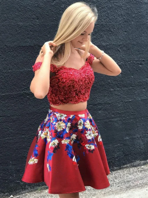 Two Piece Homecoming Dresses Burgundy Floral Print Short Prom Dress Party Dress JK746 Wedding guest floral dresses