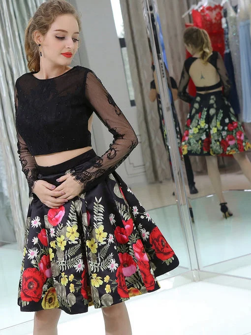 Two Piece Homecoming Dresses Little Black Dress Floral Print Short Prom Dress Party Dress JK677 Lace floral dresses