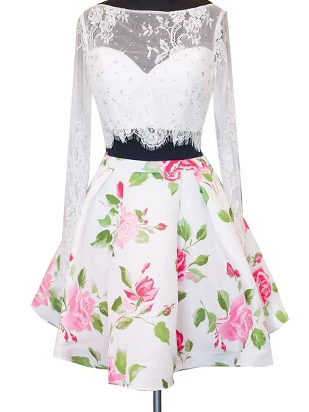 Two Piece Homecoming Dresses Long Sleeve Floral Print Short Prom Dress Party Dress JK679 Organza floral dresses