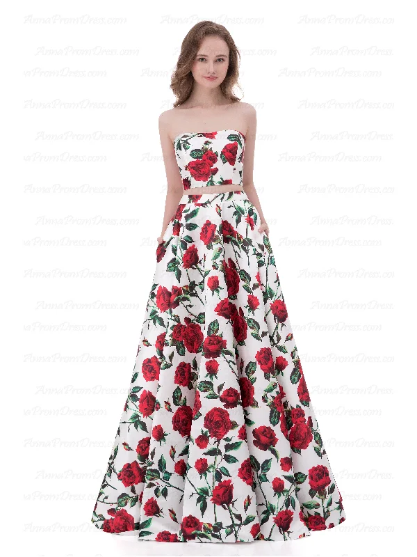 Two Piece Prom Dresses A-line Floor-length Floral Print Sexy Prom Dress Satin AX003 Halter floral dresses