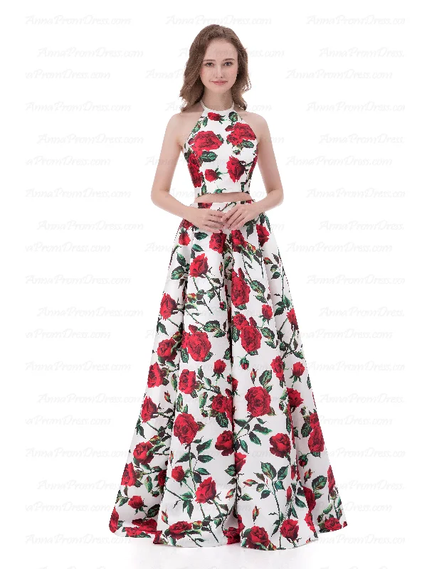 Two Piece Prom Dresses A-line Floor-length Satin Sexy Floral Print Prom Dress AX006 Best floral dresses for plus size