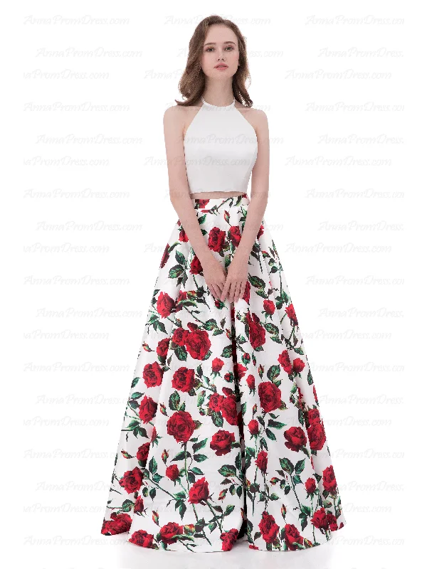 Two Piece Prom Dresses A-line Floral Print Long Cheap Prom Dress Satin Evening Dress AX005 Discounted floral dresses