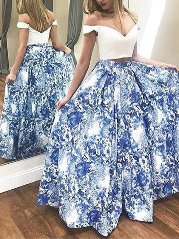 Two Piece Prom Dresses A-line Floral Print Long Open Back Satin Prom Dress JKL1699 Best floral dresses for hourglass body shape