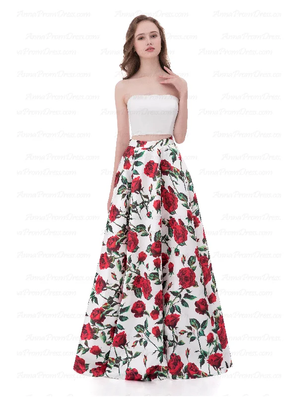 Two Piece Prom Dresses A-line Strapless Floor-length Floral Print Long Prom Dress AX004 Garden party floral dresses