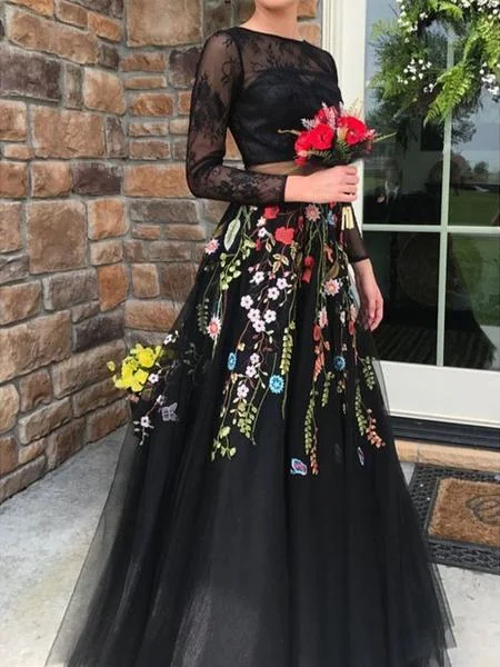 Two Pieces Black Prom Dresses With Lace Floral Long Sleeve Evening Gowns JKG039 Best floral dresses for work