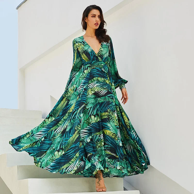 V-Neck Floral Print Ruffle Beach Long A-Line Bishop Sleeve Street Wear Casual Party Dress Robe H&M floral dresses