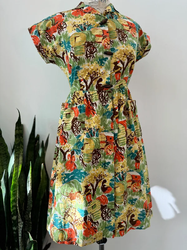 Vintage cotton novelty print dress Linen floral dresses