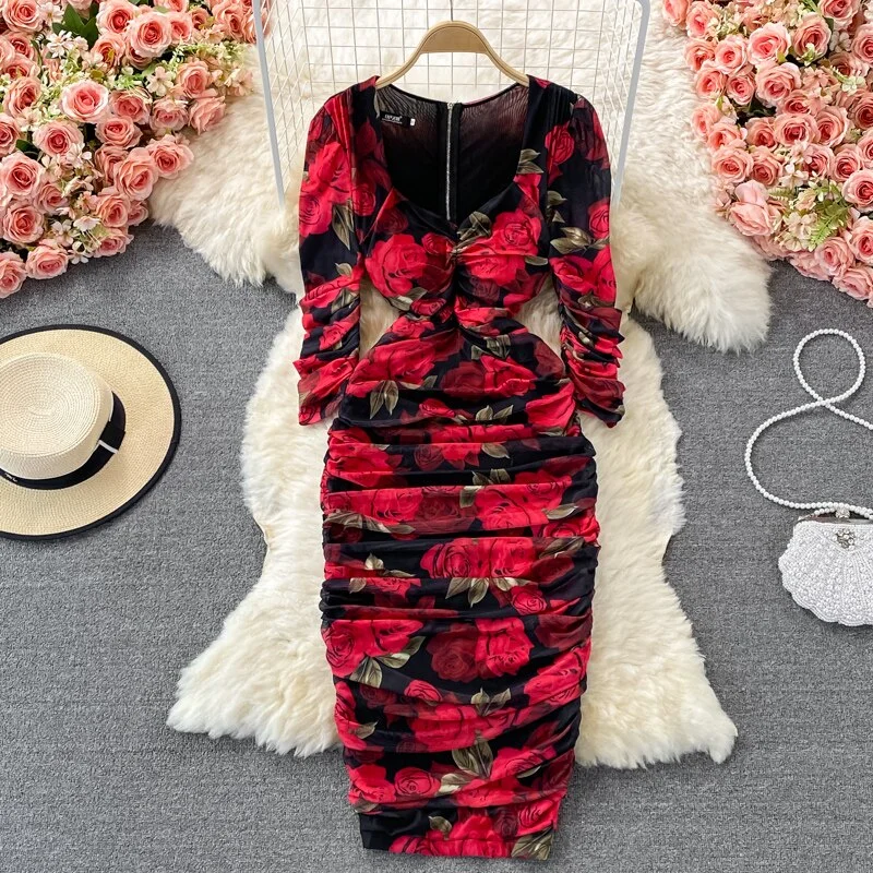 Women Floral Draped Bodycon Dress Spring Autumn Square Collar Long Sleeve High Waist Pleated Party Robe Female Casual Vestidos Minimalist floral dresses