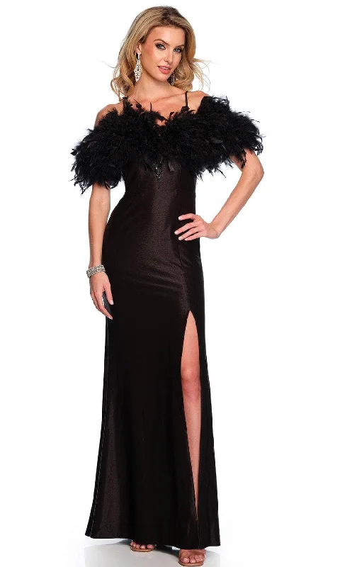 Dave & Johnny 11436 - Feather Detailed Satin Gown Lace unclassified dresses