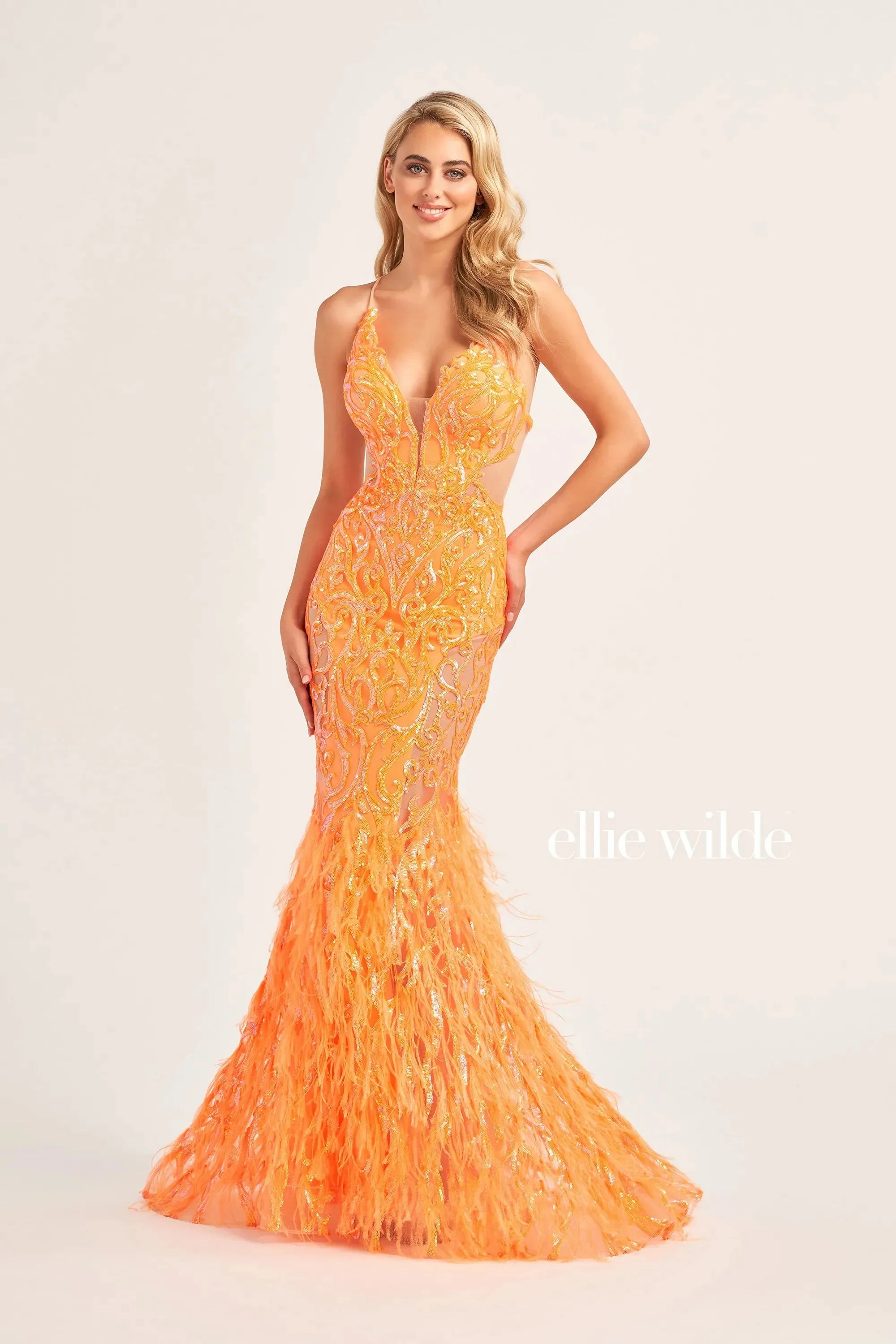 Ellie Wilde EW35006 - Open Back Feather Evening Dress Chiffon unclassified dresses