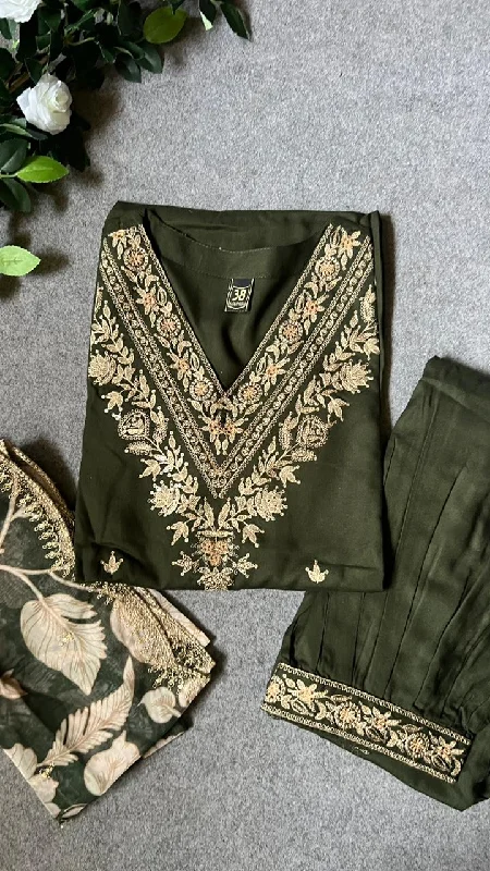 Mehandi green rayon silk embroidery 3 piece kurti suit Metallic unclassified dresses