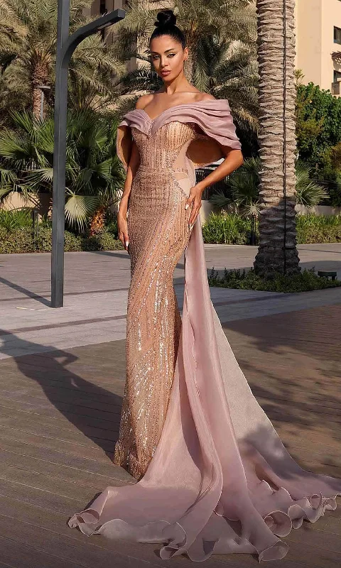 MNM Couture K4138 - Draped Off Shoulder Evening Dress Sequin unclassified dresses