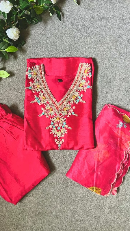 Pure rayon pink embroidery 3 piece kurti suit Club unclassified dresses