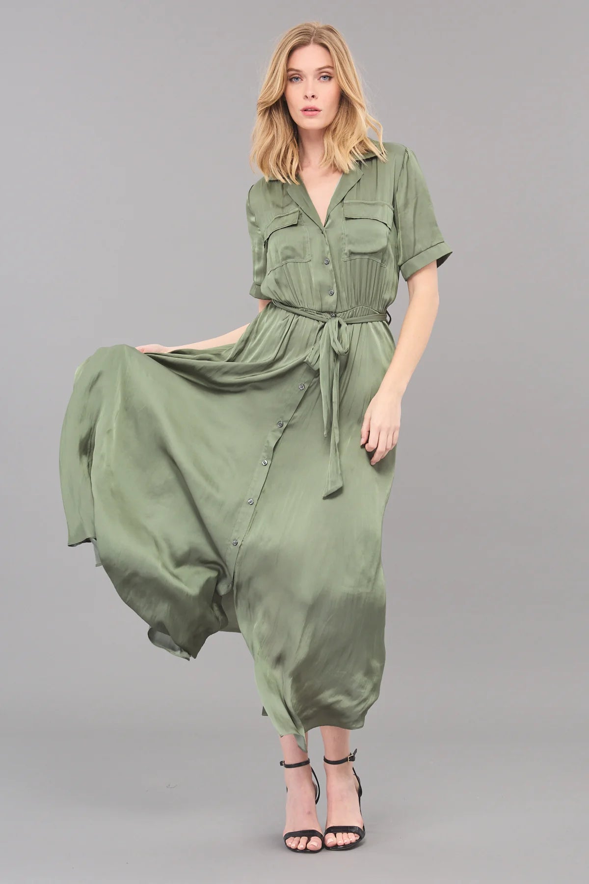 Vintage Satin Belted Dress Olive Chiffon unclassified dresses