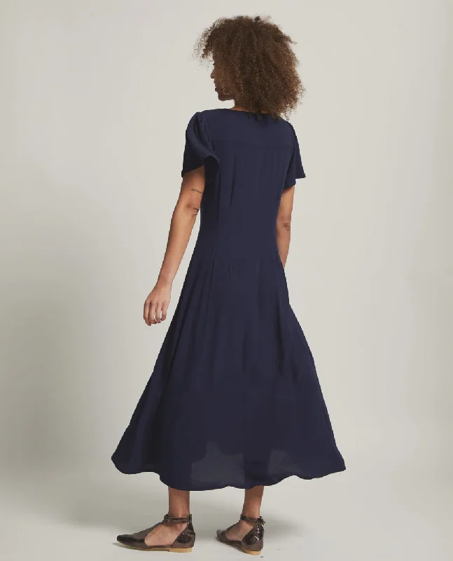 Zorya Flutter Sleeve Dress - Navy Ruched unclassified dresses