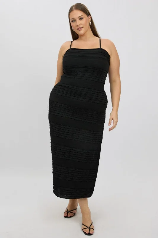 Black Textured Frill Scoop Neck Bodycon Maxidress High-Waist Maxi Skirt