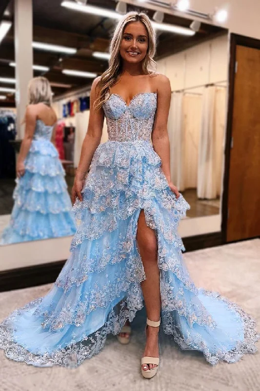 Blue Sequins Ruffle Tiered Strapless Long Prom Dress with Slit Formal Maxi Skirt