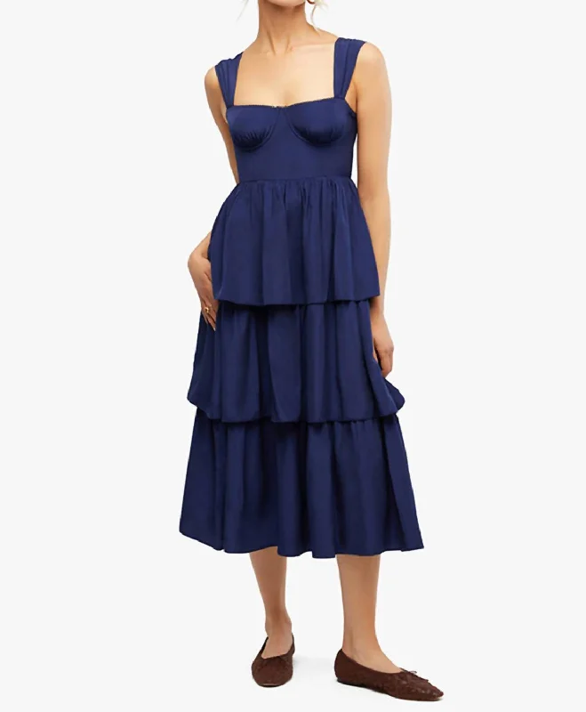 Corset Maxi Dress In Navy Printed A-line Maxi