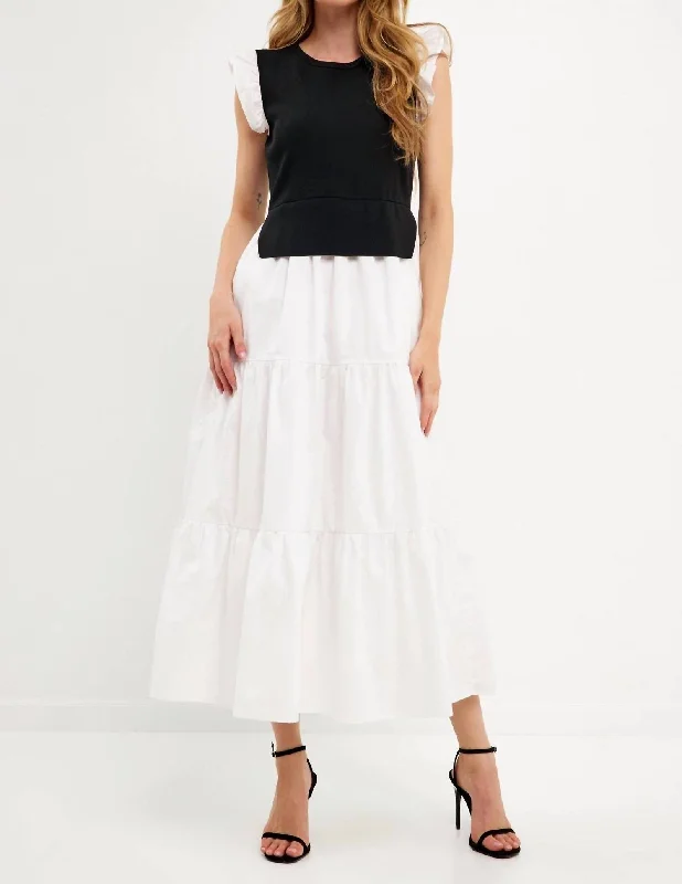 Mable Mixed Media Maxi Dress In Black/white Satin Maxi Skirt