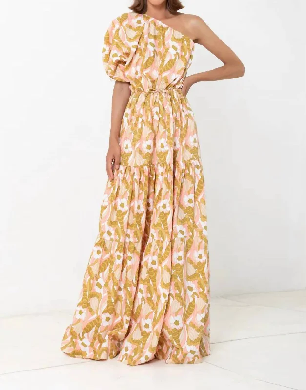 One Shoulder Puff Sleeve Maxi Dress In Duomo Boho Maxi Skirt