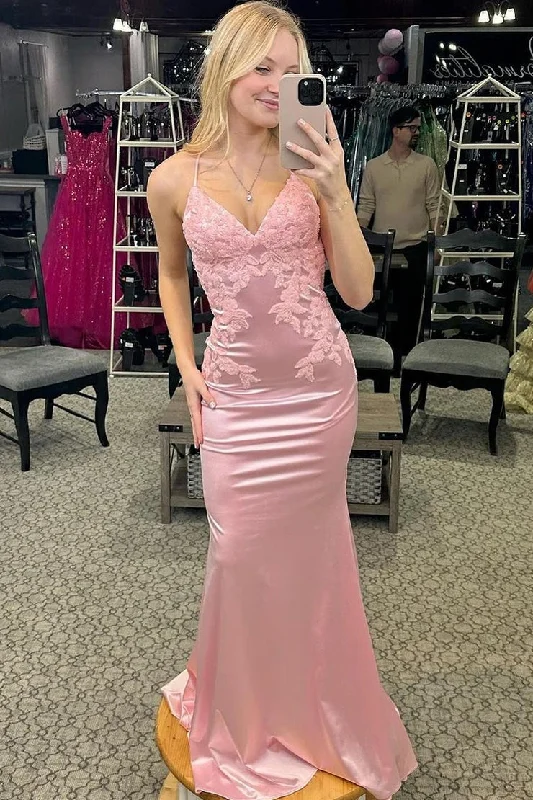 Pink Satin Mermaid V Neck Long Prom Dress with Appliques Tulle Maxi Skirt