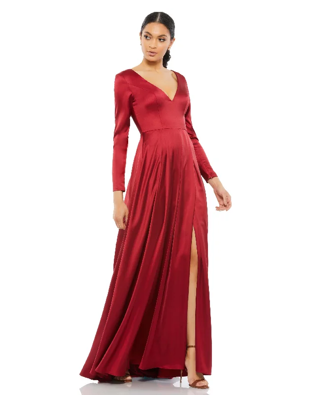 Satin V Neck Long Sleeve Pleated Gown Maxi Skirt Chic