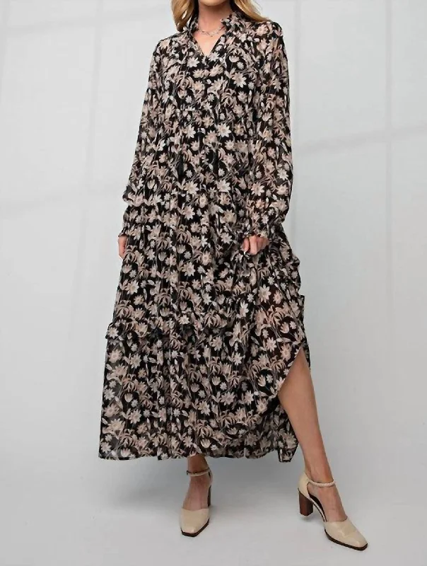 Zoey Floral Maxi Dress In Black Ruffle Maxi Skirt