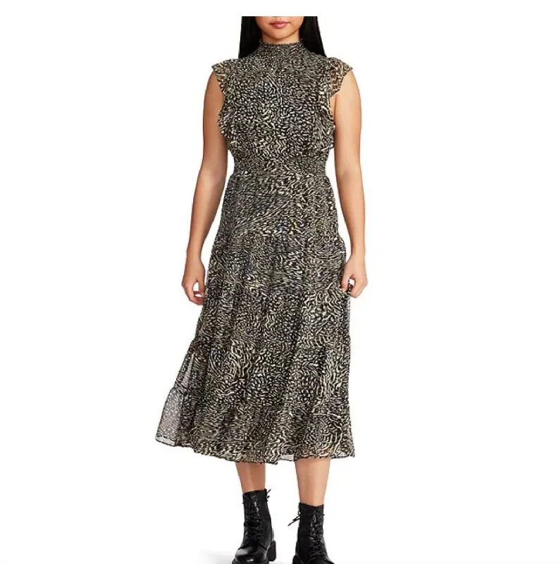 Anna Animal Print Mock Neck Ruffle Cap Sleeve A-Line Midi Dress In Black Warm Midi Skirt