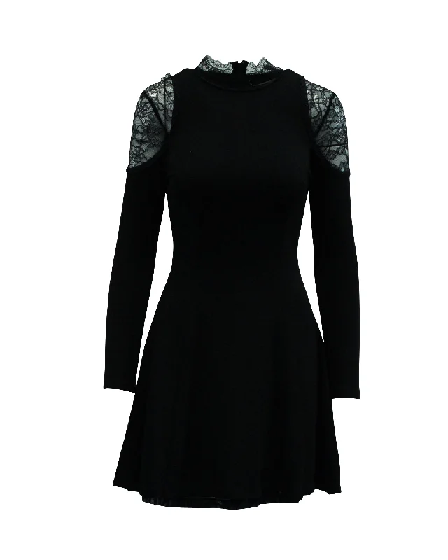 Alice + Olivia Lace Collar Short Dress in Black Viscose Sheer Lace Dress