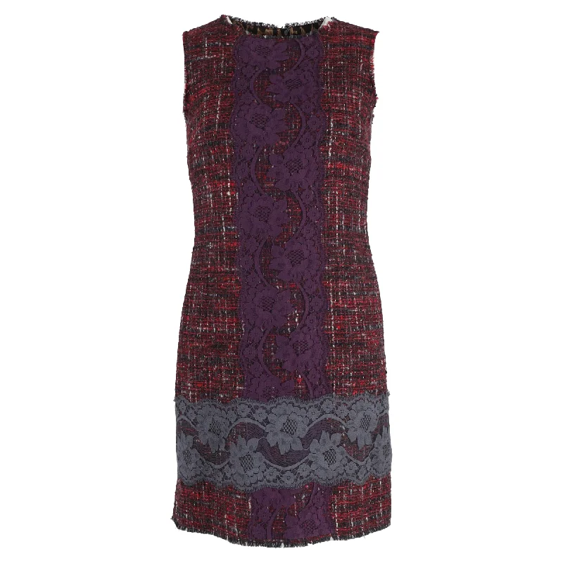 Dolce & Gabbana Lace-Embroidered Tweed Shift Dress in Purple Wool Lace Dress Glamour