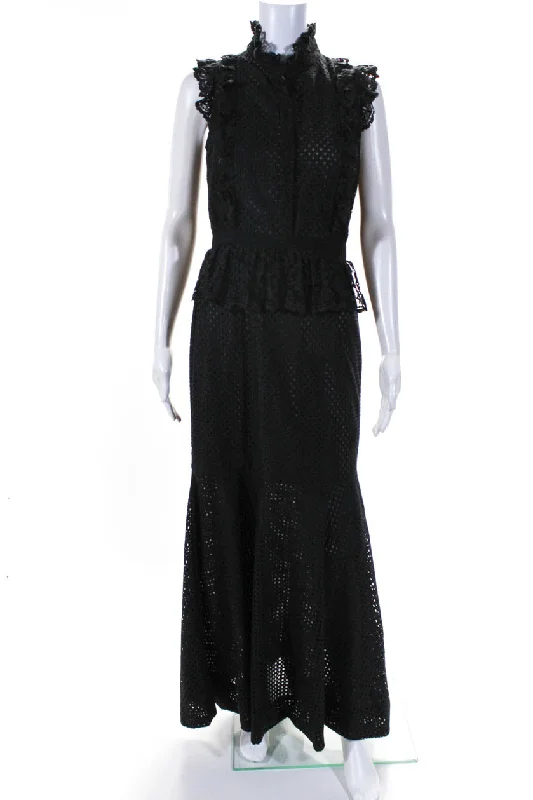 Erdem Womens Side Zip Sleeveless Ruffled Lace Keyhole Long Dress Black Lace A-line Dress