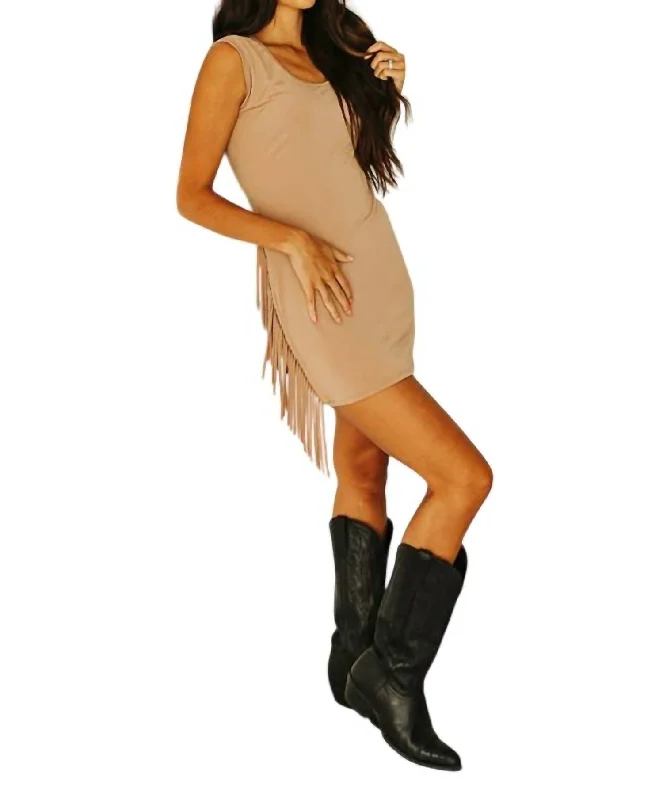 Stretch Tank Dress With Side Fringes In Camel Light Tank Dress