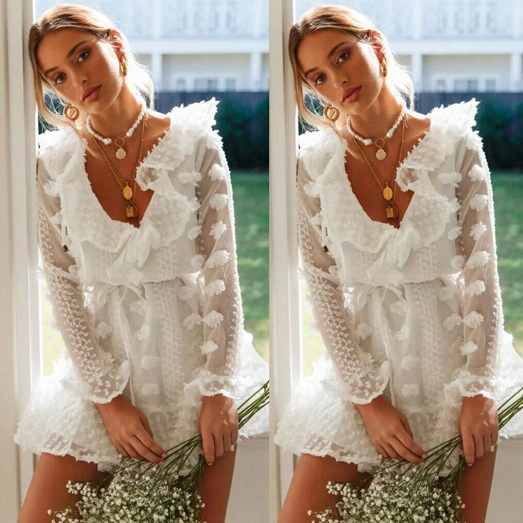 White Lace Flapper V Neck Long Sleeve Dress Lace Evening Gown